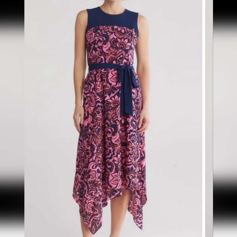 Vince Camuto Navy and Pink Floral Midi Dress